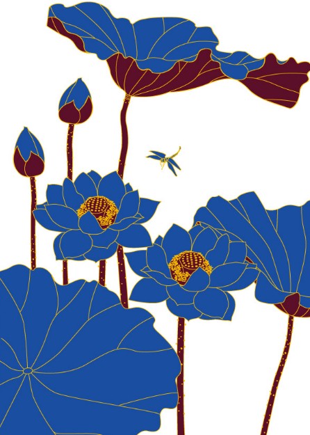 Blue Lotus Flowers Vector Line Art