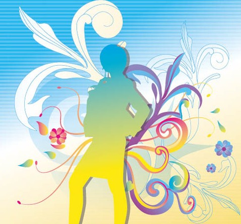 Dancing Girl Silhouette with Floral Background Vector 01