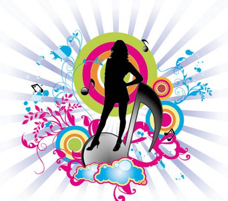 Dancing Girl Silhouette with Floral Background Vector 02