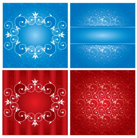 4 Red and Blue Floral Swirls Backgrounds Vector