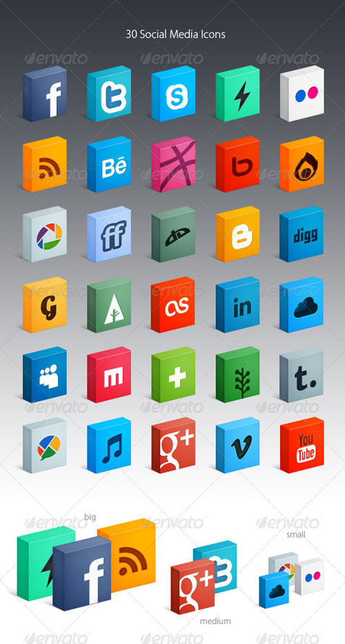 30 3D Box Social Media Icons PSD Included