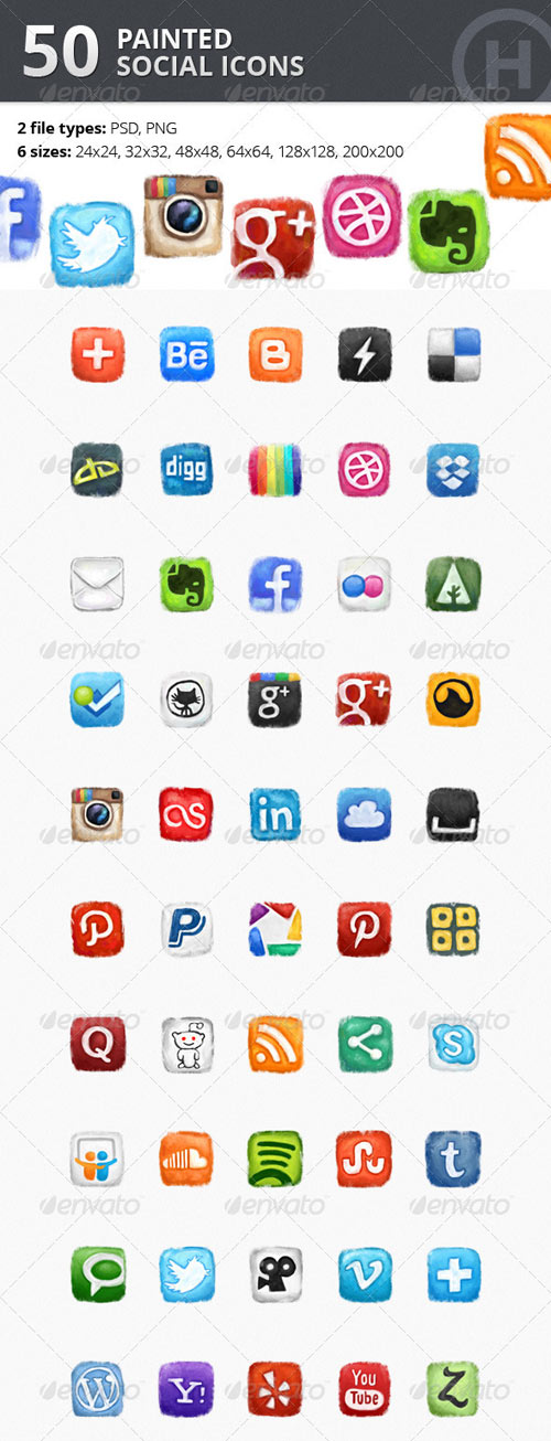 50 Painted Social Icons PSD Included