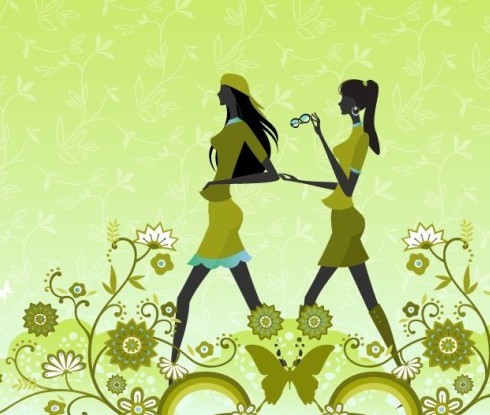 Green Floral Fashion Girls Vector Illustration
