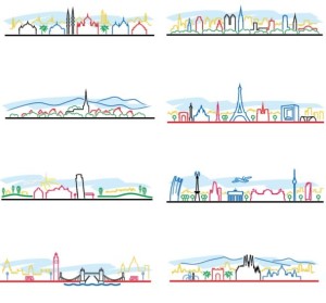 Colorful City Line Silhouette Set Vector