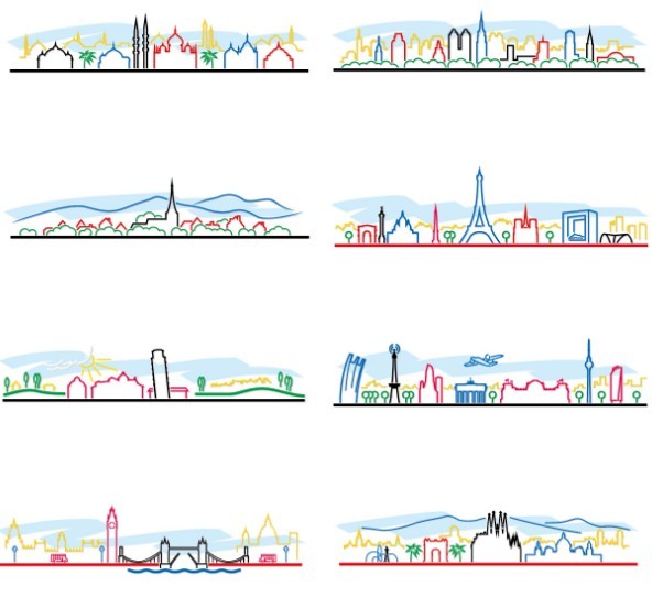 Colorful City Line Silhouette Set Vector
