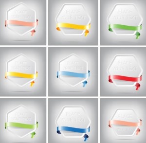 Blank Hexagon Label with Colorful Ribbon Set Vector