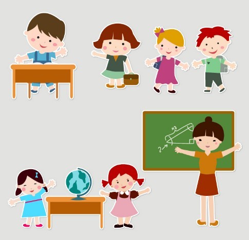 Cartoon Students and Teacher Vector