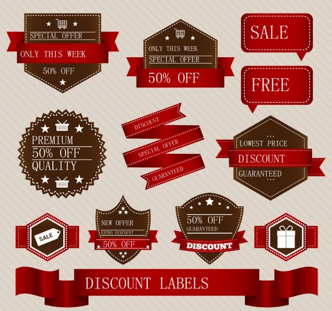 Red and Brown Discount Label Set Vector