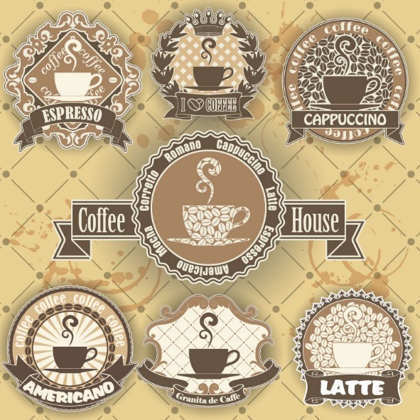 7 Vintage Coffee House Labels Vector