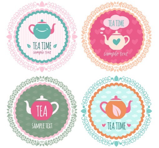 4 Round Tea Time Labels Vector