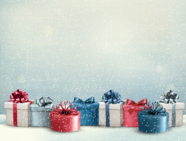 Christmas Gifts with Snowfall Background Vector