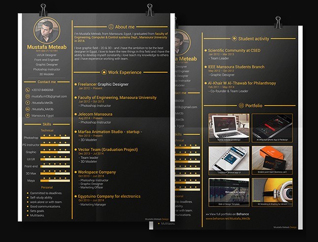 Dark Gold Resume & CV Template PSD
