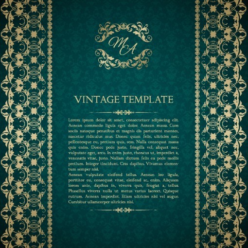 Vintage Green Pattern Background with Gold Floral Frame Vector