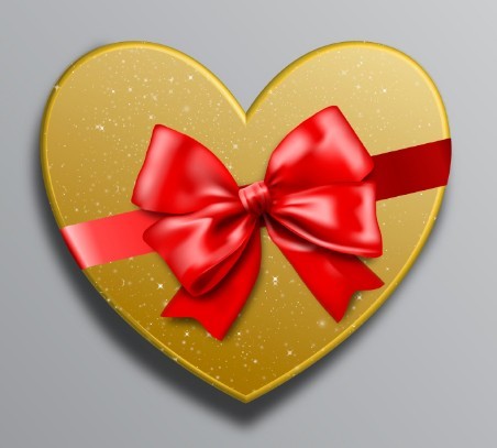 Golden Love Gift Box With Red Ribbon Bow Vector