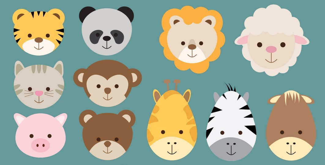 Flat Cute Animal Icon Set Vector