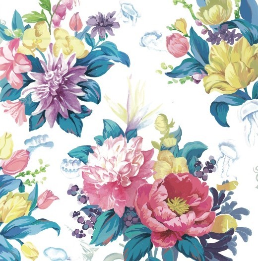 Hand Drawn Water Color Flowers and Jellyfish Vector