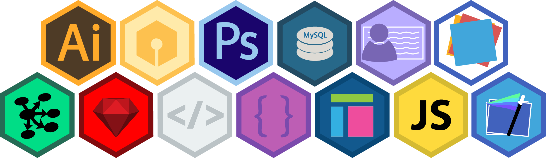 Flat Hexagon Skill Icons & Badges Vector