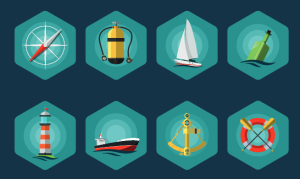 8 Flat Hexagon Sea Icons Vector