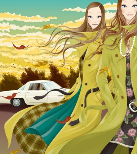 Modern Long Hair Girl In Winter Illustration Vector