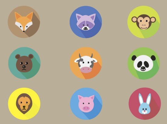 9 Flat Round Animal Icons Vector