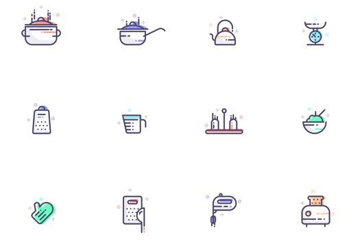 12 Colored Kitchen Icons Vector