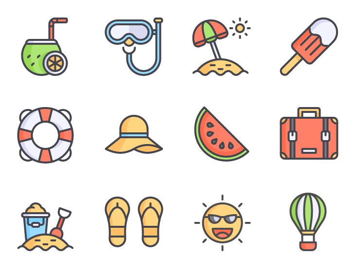 12 Lovely Summer Holiday Icons Vector