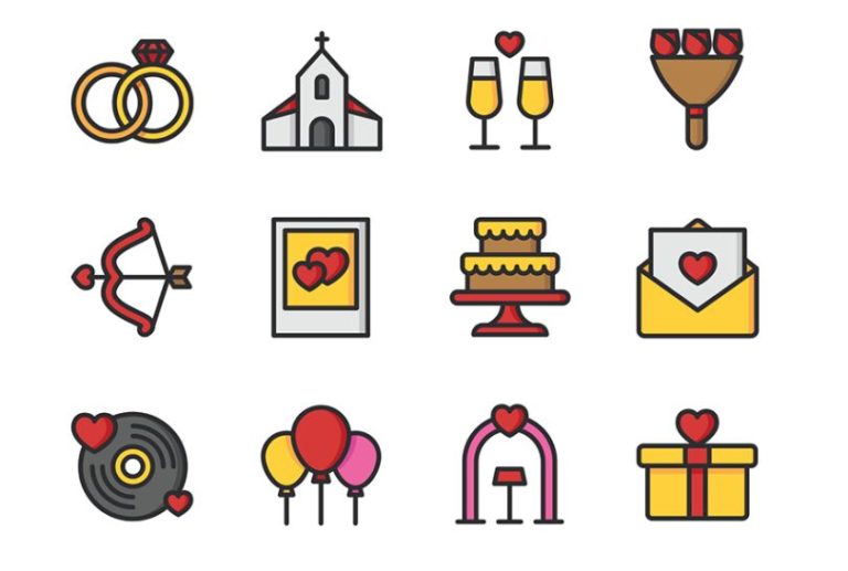 12 Colorful & Lined Wedding Icons Vector