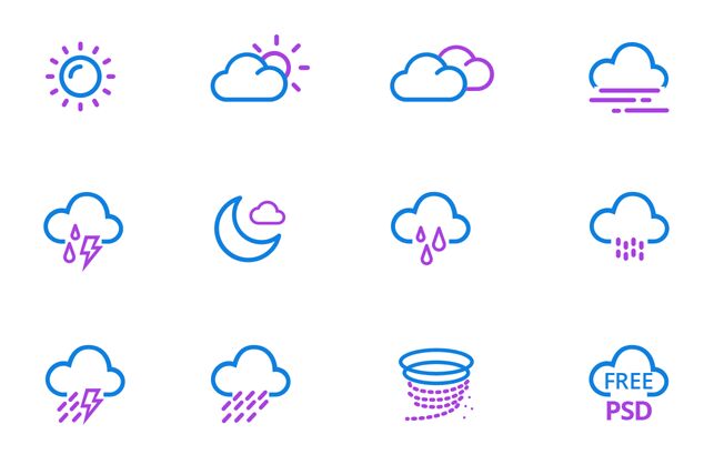 12 Pixel Perfect Weather Icons PSD