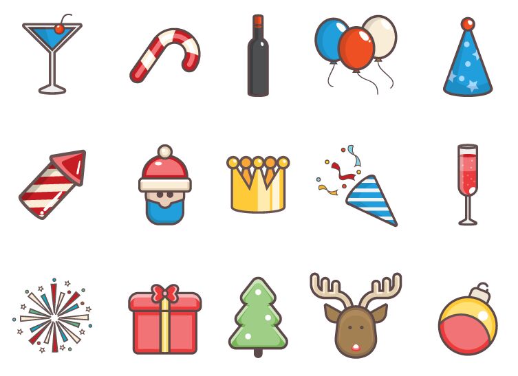 15 Cute Christmas & New Year Icons Vector