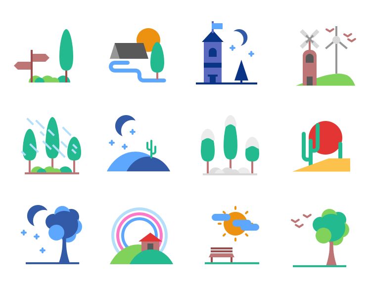 12 Flat Landscape Vector Icons