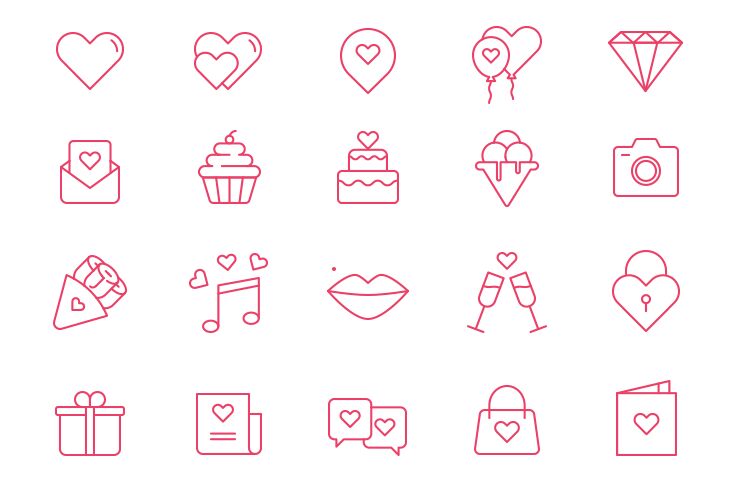 20 Simple Valentine's Day Line Icons (AI+PSD)