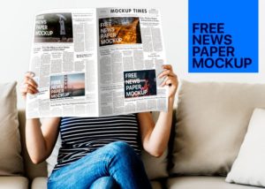 Girl Reading Newspapers PSD Mockup