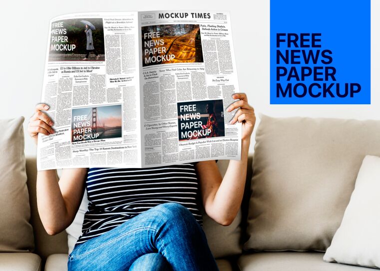 Girl Reading Newspapers PSD Mockup