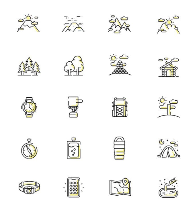 20 Hiking Line Icons Vector