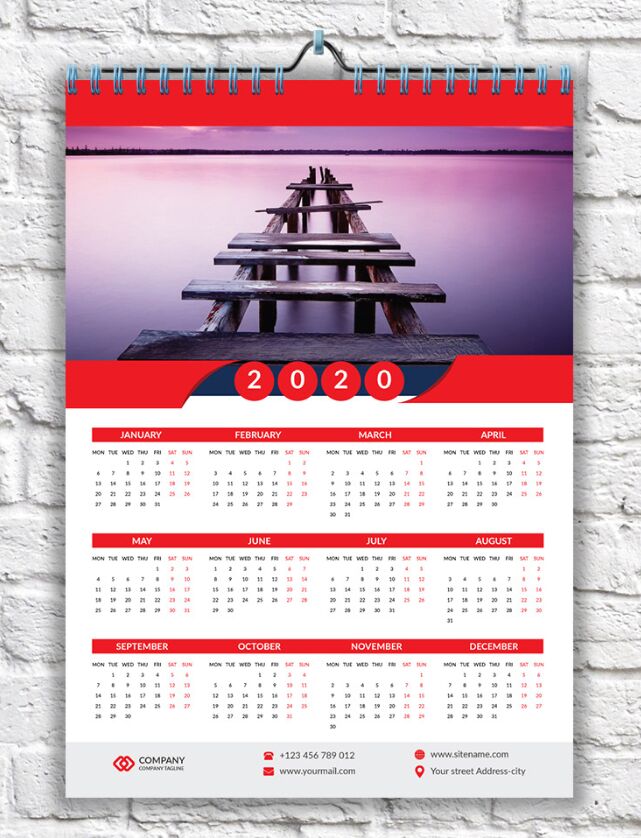 Red Wall Calendar 2020 PSD