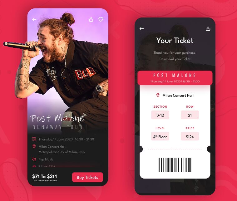 Fashion Ticketing App UI For Adobe XD
