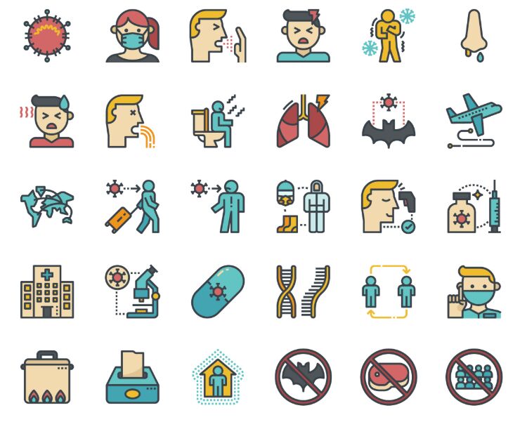 36 Coronavirus COVID-19 Icons (4 Styles)