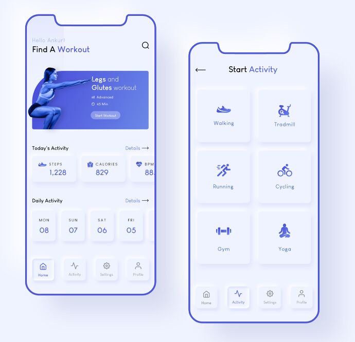 Neumorphism Health & Workout Mobile App Design (XD)