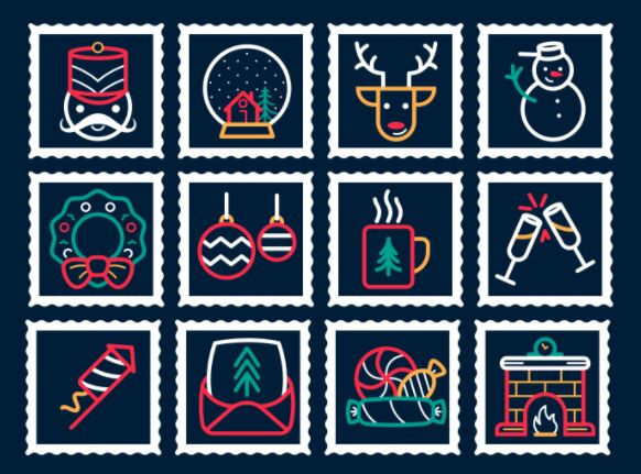 12 Christmas & New Year Stamp Icons Vector