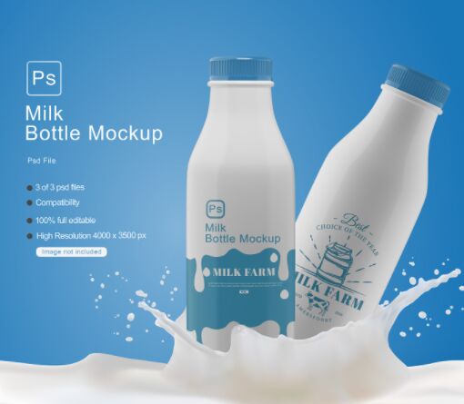 2 Realistic Milk Bottle PSD Mockups