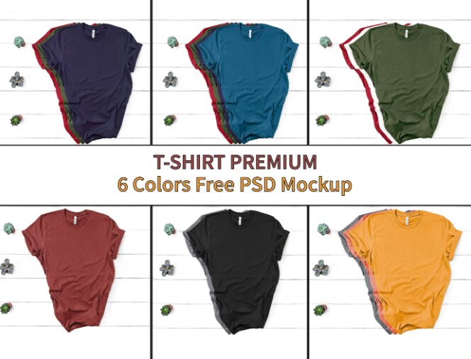Premium-quality T-shirt Mockup PSD (6 Colors)