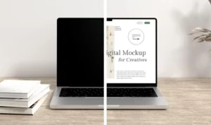 Macbook On Desk PSD Mockup
