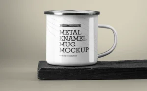 Enamel Mug on Burnt Wood PSD Mockup