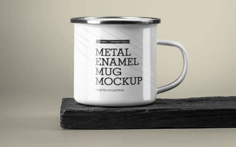Enamel Mug on Burnt Wood PSD Mockup