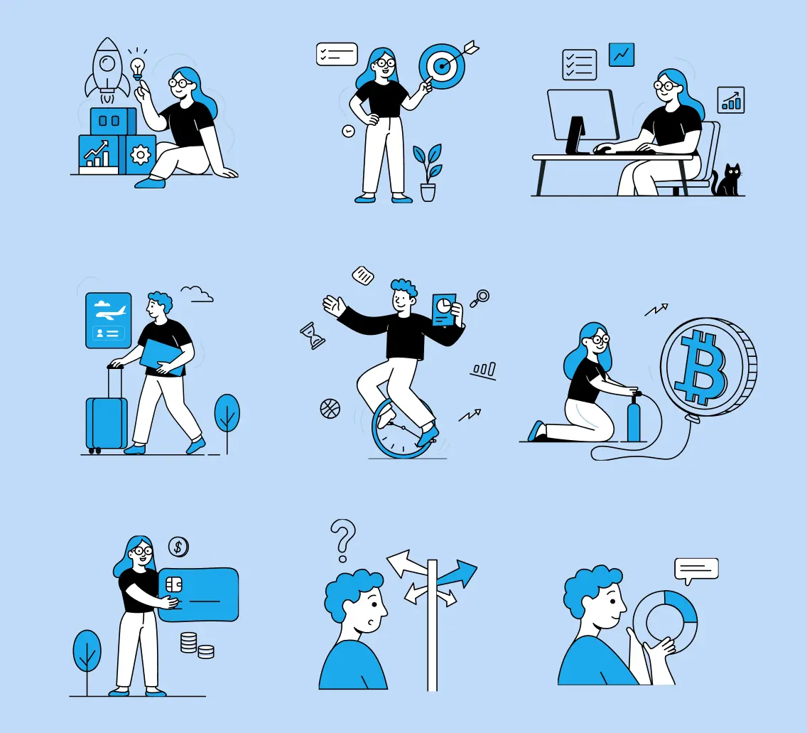 26 vector illustrations for finance, fintech, and business design projects.