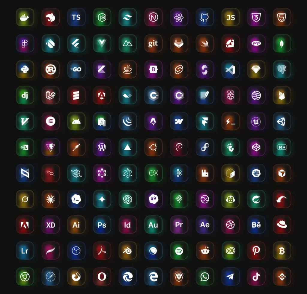 120 Free Tech Icons for Figma in Dark Glassmorphism Style